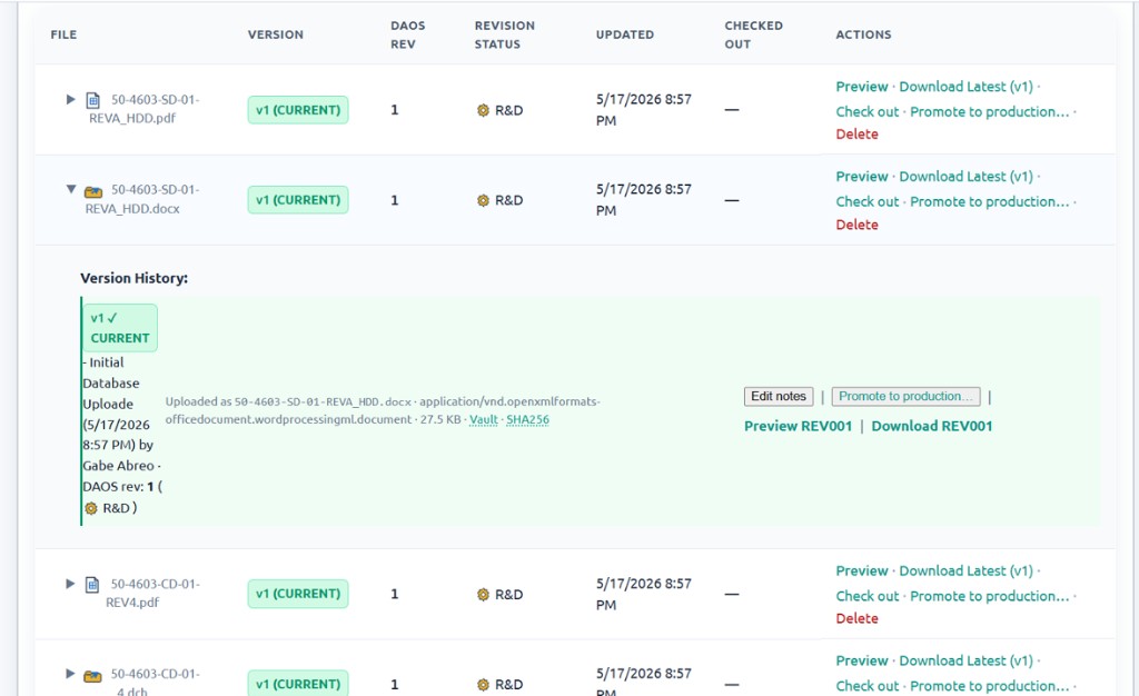 FileForge document version history with current revision, upload audit trail, preview, and download