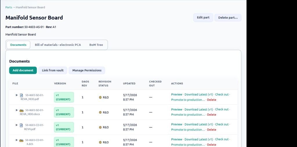 FileForge part detail view showing documents tab with version, revision status, checkout, and document actions